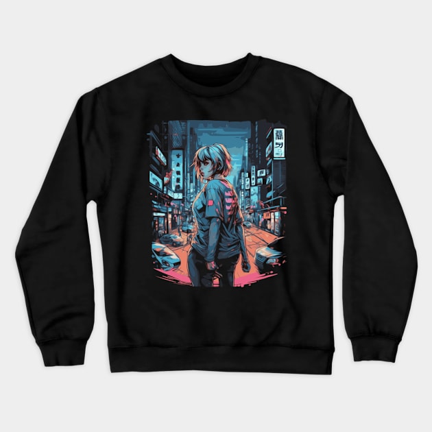 Cyberpunk Anime Aesthetic in Tokyo Japan Crewneck Sweatshirt by Pixy Official